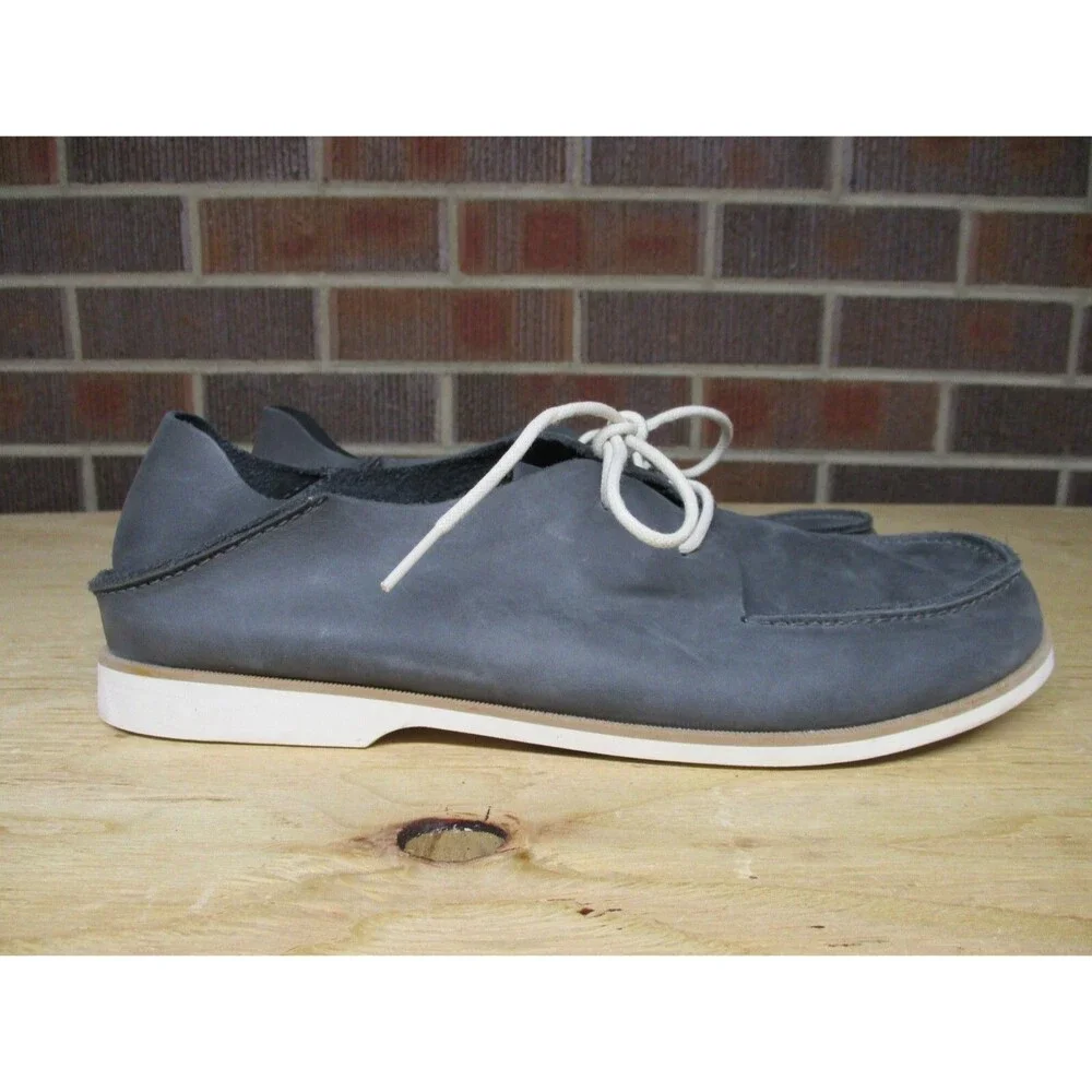 Olukai Men Holokai Gray Leather Boat Shoes Lace Up Casual 10279-6C6C Size 10